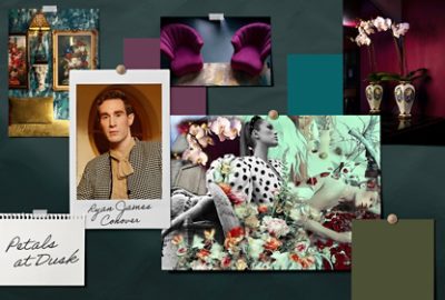 A pinboard of room imagery and paint samples alongside Ryan James Conover’s headshot and the name of his signature Rewild palette, “Petals at Dusk.”