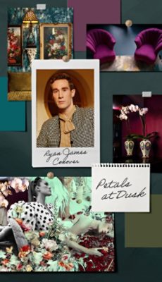 A pinboard of room imagery and paint samples alongside Ryan James Conover’s headshot and the name of his signature Rewild palette, “Petals at Dusk.”