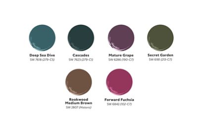 Graphic of six paint dollops of Ryan James Conover’s Petals at Dusk palette, including Deep Sea Dive, Cascades, Mature Grape, Secret Garden, Rookwood Medium Brown, and Forward Fuchsia.