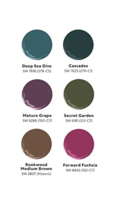 Graphic of six paint dollops of Ryan James Conover’s Petals at Dusk palette, including Deep Sea Dive, Cascades, Mature Grape, Secret Garden, Rookwood Medium Brown, and Forward Fuchsia.