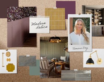 A pinboard of room imagery and paint samples alongside Tamara Day’s headshot and the name of her signature Rewild palette, “Modern Relics.”