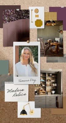 A pinboard of room imagery and paint samples alongside Tamara Day’s headshot and the name of her signature Rewild palette, “Modern Relics.”