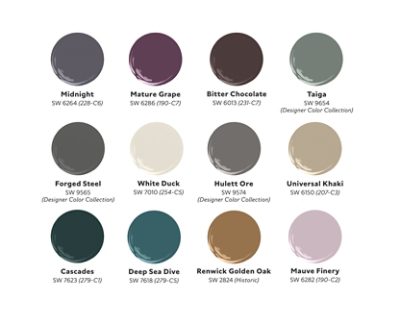 Graphic of twelve paint dollops of Tamara Day’s Modern Relics palette, including Midnight, Mature Grape, Bitter Chocolate, Taiga, Forged Steel, White Duck, Hulett Ore, Universal Khaki, Deep Sea Dive, Cascades, Renwick Golden Oak, and Mauve Finery.