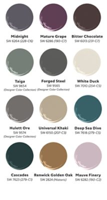 Graphic of twelve paint dollops of Tamara Day’s Modern Relics palette, including Midnight, Mature Grape, Bitter Chocolate, Taiga, Forged Steel, White Duck, Hulett Ore, Universal Khaki, Deep Sea Dive, Cascades, Renwick Golden Oak, and Mauve Finery.