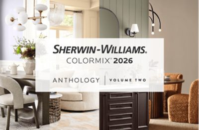Sherwin-Williams Colormix 2026: Four interior design styles featuring modern gray dining, cozy beige living, olive green with dark wood, and warm-toned orange dining areas.