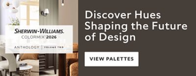 herwin-Williams Colormix 2026 Anthology Volume Two. Left side features a modern living room with neutral tones, including a gray armchair, wooden coffee table, and brown sofa. Right side has a dark brown background with white text reading 'Discover Hues Shaping the Future of Design' and a 'View Palettes' button.