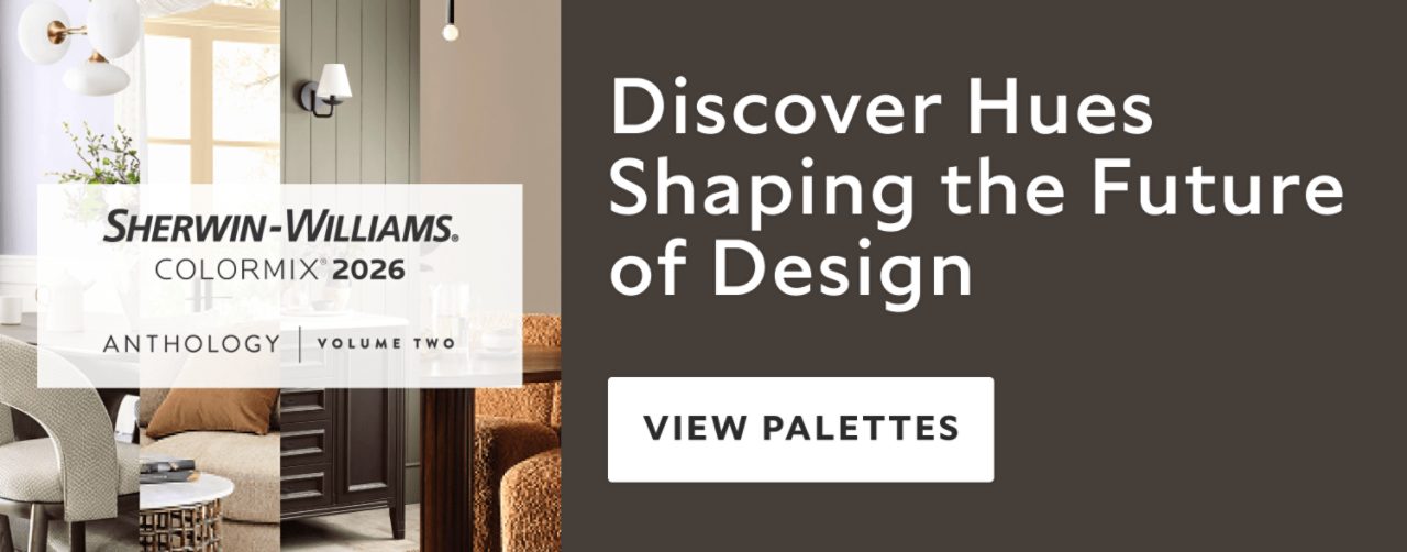 herwin-Williams Colormix 2026 Anthology Volume Two. Left side features a modern living room with neutral tones, including a gray armchair, wooden coffee table, and brown sofa. Right side has a dark brown background with white text reading 'Discover Hues Shaping the Future of Design' and a 'View Palettes' button.