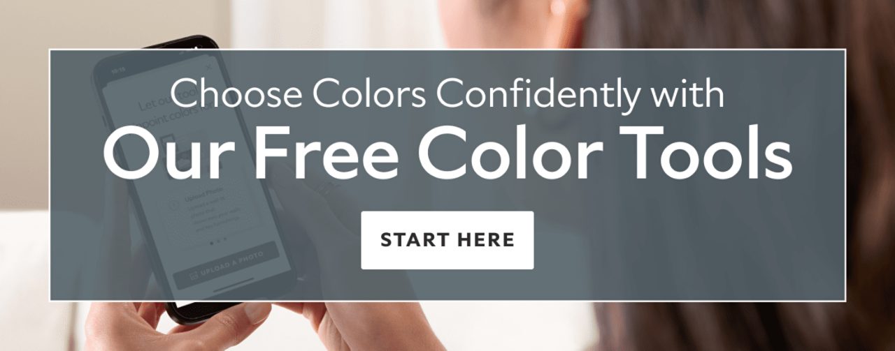 Text over an image of someone on their mobile phone that says, Choose Colors Confidently with our free color tools, start here.