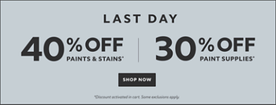 Last Day. 40% off Paints & Stains* 30% off Paint Supplies* Shop now. *Discount activated in cart. Some exclusions apply.