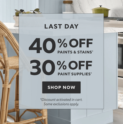 Last Day. 40% off Paints & Stains* 30% off Paint Supplies* Shop now. *Discount activated in cart. Some exclusions apply.