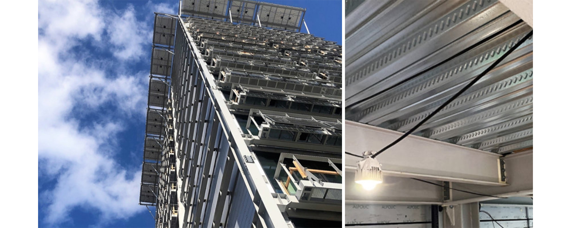 Left image: Angle looking up the side of a high-rise building with exposed structural steel. Right image: Detail shot of structural steel inside the building with hanging light in foreground.