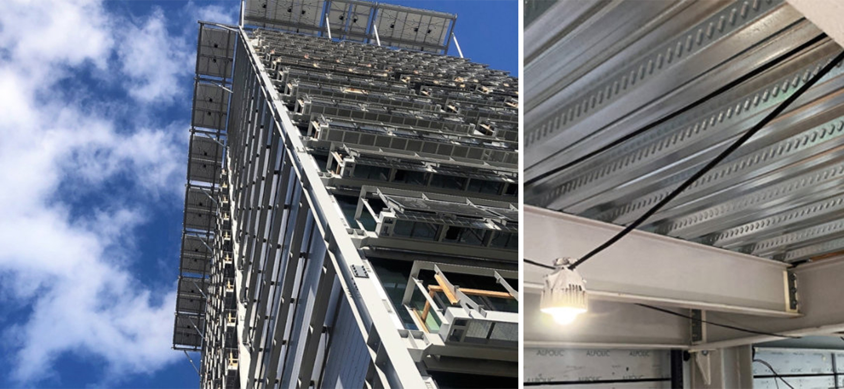 Left image: Angle looking up the side of a high-rise building with exposed structural steel. Right image: Detail shot of structural steel inside the building with hanging light in foreground.
