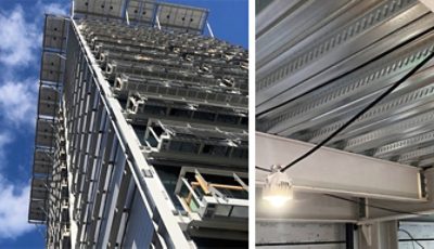 Left image: Angle looking up the side of a high-rise building with exposed structural steel. Right image: Detail shot of structural steel inside the building with hanging light in foreground.