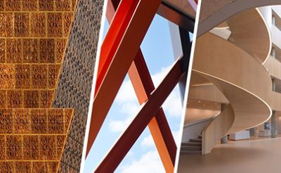 Detail shots of all three projects featured in the article, with the bronze exterior of a museum, coated steel beams of a high-rise, and interior flooring of a hospital were all supplied by Sherwin-Williams.
