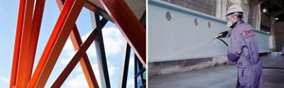 Left image: Detail shot of the lower corner of the steelwork structure, where some of the crisscrossing steel beams have been painted a bright orange. Right image: Professional wearing hard hat, mask, and coveralls using a sprayer to coat a large steel beam.