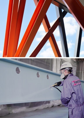 Top image: Detail shot of the lower corner of the steelwork structure, where some of the crisscrossing steel beams have been painted a bright orange. Bottom image: Professional wearing hard hat, mask, and coveralls using a sprayer to coat a large steel beam.