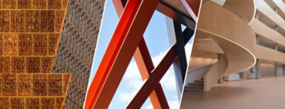 Detail shots of all three projects featured in the article, with the bronze exterior of a museum, coated steel beams of a high-rise, and interior flooring of a hospital were all supplied by Sherwin-Williams.