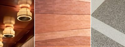 Detail shots of all three projects featured in the article, with the ceiling and light fixtures of La Padrona, coated exterior panels of a stadium, and interior custom terrazzo flooring of an admin building all supplied by Sherwin-Williams.