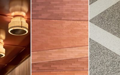 Detail shots of all three projects featured in the article, with the ceiling and light fixtures of La Padrona, coated exterior panels of a stadium, and interior custom terrazzo flooring of an admin building all supplied by Sherwin-Williams.
