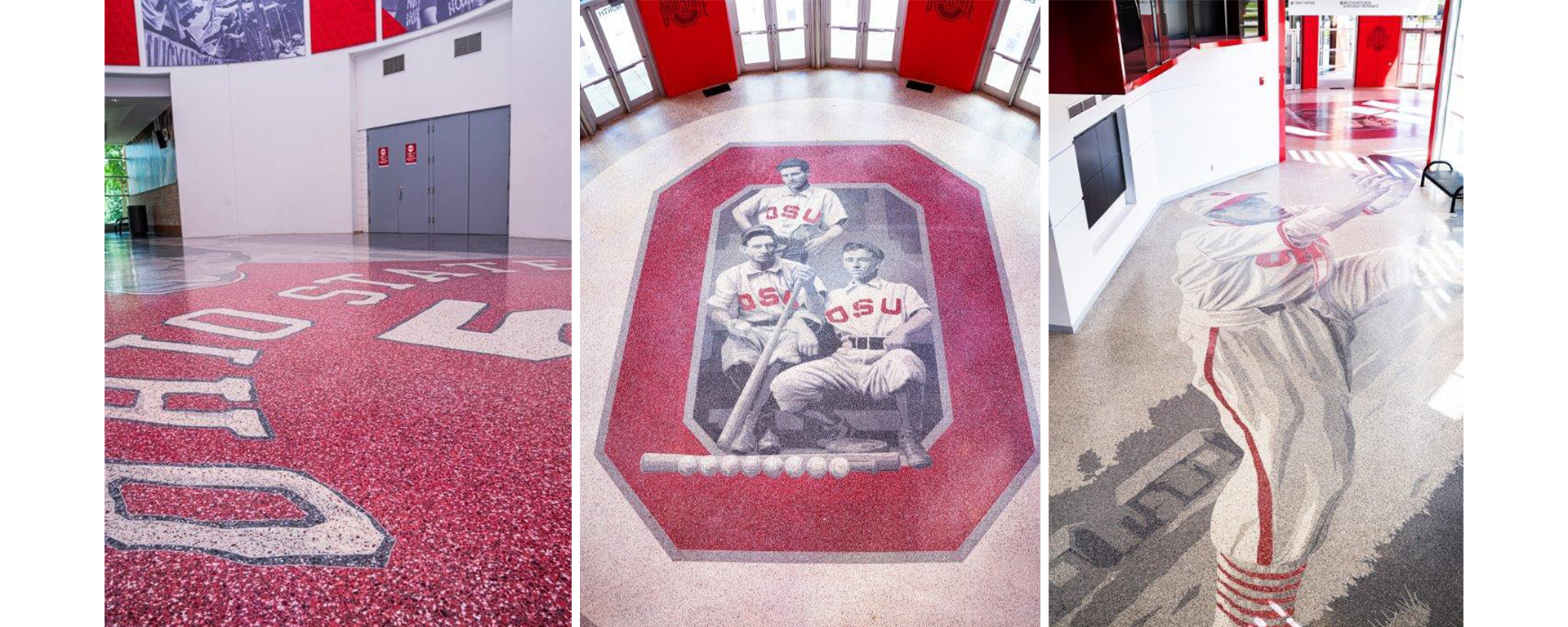 High angle shots of terrazzo floors in The Ohio State University's sports center featuring large grayscale portraits of past athletes with OSU red logo elements.