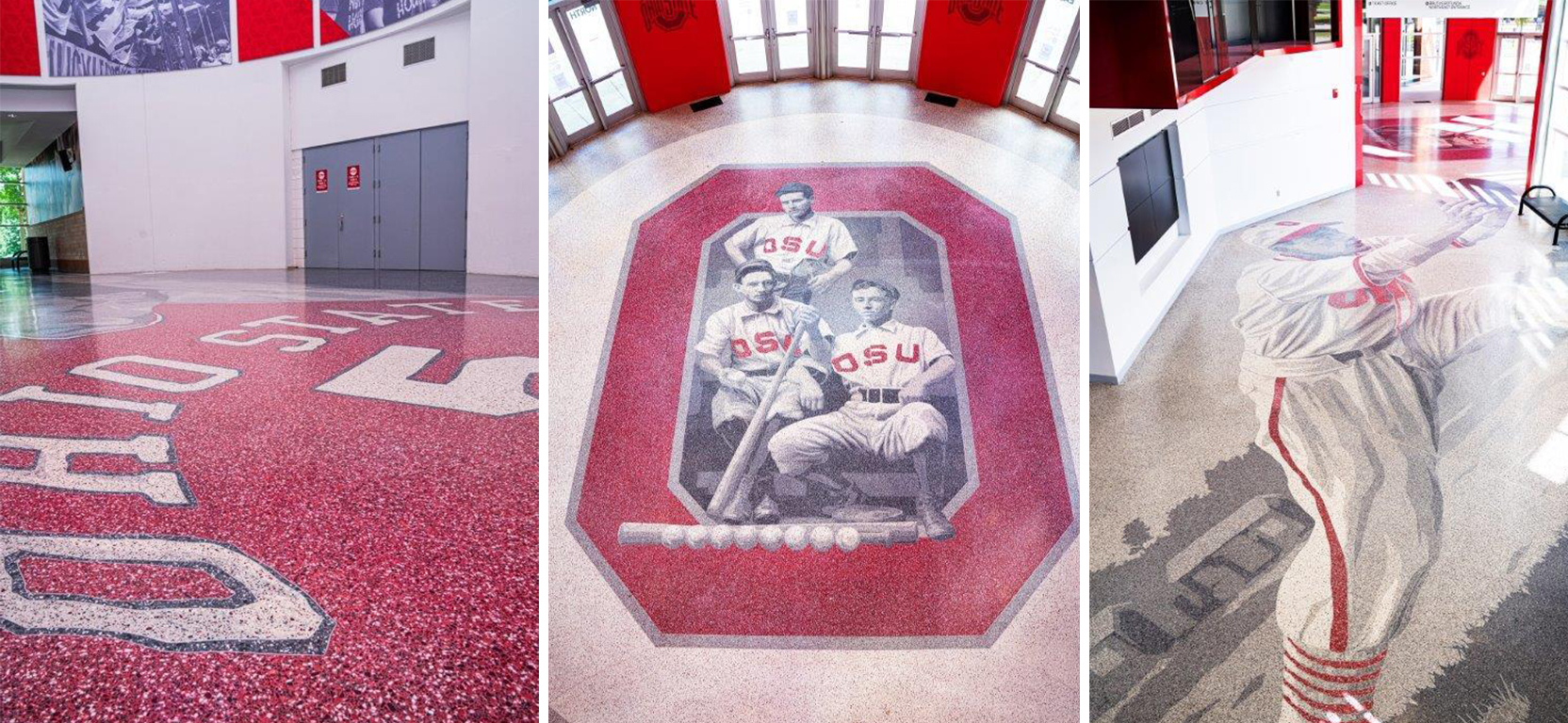 High angle shots of terrazzo floors in The Ohio State University's sports center featuring large grayscale portraits of past athletes with OSU red logo elements.