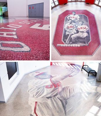 High angle shots of terrazzo floors in The Ohio State University's sports center featuring large grayscale portraits of past athletes with OSU red logo elements.