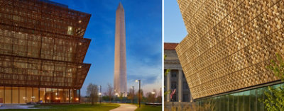Left image: The National Museum of African American History and Culture at twilight, lit from within to show detail on the filigreed bronze panels. Right image: Detail image of the museum’s angled bronze panels glimmering in the sunshine.