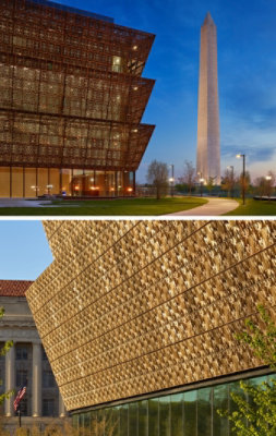 Top image: The National Museum of African American History and Culture at twilight, lit from within to show detail on the filigreed bronze panels. Bottom image: Detail image of the museum’s angled bronze panels glimmering in the sunshine.