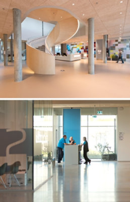 Top image: Interior lobby area of psychiatric hospital in a soft, light neutral color scheme, multicolor paneled wall in background, and spiral staircase between two pillars in foreground. Bottom image: Looking down a corridor in the hospital where three staff members convene in front of a large window on a bright sunny day.