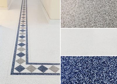 Terrazzo flooring with a diamond-patterned border and close-up detail panels showing different terrazzo textures in Sherwin-Williams Dovetail, High Reflective White, and In the Navy. 