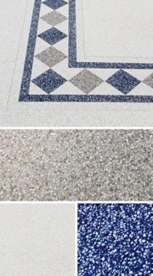 A patterned floor with gray, navy and white terrazzo poured in a square tile pattern forming a diagonal grid. 