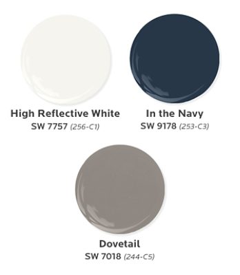 Three paint dollop graphics featuring the Sherwin-Williams colors used in the Kendall County administration building’s terrazzo blends: High Reflective White, In the Navy, and Dovetail. 