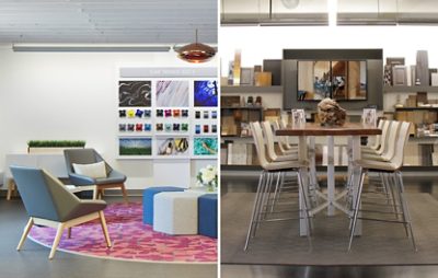 Interiors of Sherwin-Williams DesignHouse locations, including a kitchen with modern bar seating, geometric backsplash and iridescent globe lighting, and a workspace with long table, white chairs and display shelving for coatings samples. 