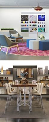 Interiors of Sherwin-Williams DesignHouse locations, including a kitchen with modern bar seating, geometric backsplash and iridescent globe lighting, and a workspace with long table, white chairs and display shelving for coatings samples. 