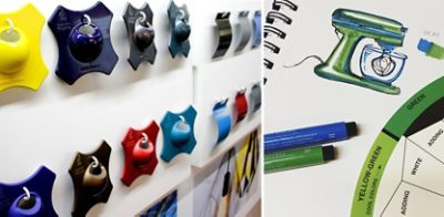Closeup of coated metal samples hung on a wall at DesignHouse, and a marker sketch of a green and blue stand mixer next to a color wheel tool. 