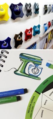 Closeup of coated metal samples hung on a wall at DesignHouse, and a marker sketch of a green and blue stand mixer next to a color wheel tool. 