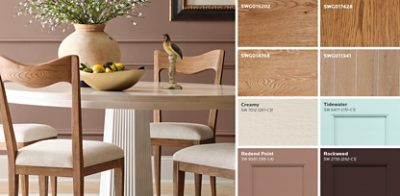Round dining room table with wooden chairs and walls painted Redend Point by Sherwin-Williams alongside swatches of wood stains and color coatings inspired by the Colormix 2025 Kindred palette. 