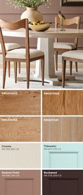 Round dining room table with wooden chairs and walls painted Redend Point by Sherwin-Williams alongside swatches of wood stains and color coatings inspired by the Colormix 2025 Kindred palette. 