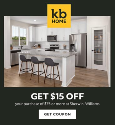 KB Home Coupon. Get $15 off your purchase of $75 or more at Sherwin-Williams. Get coupon.