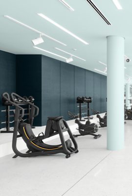 A fitness center painted Dark Night SW6237.