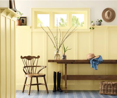 An entryway painted Icy Lemonade SW1667 and Creamy SW7012.