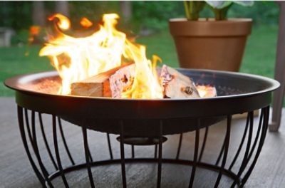 A firepit on an outdoor patio.