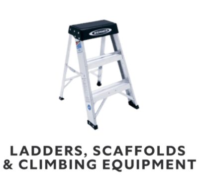 Ladders, scaffolds and climbing equipment. A silver and black step ladder.