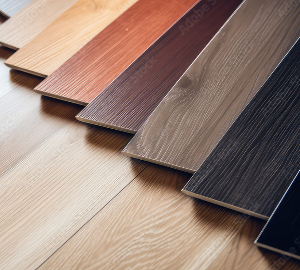 Laminate flooring planks in different wood tones, showcasing surface finishes and edge profiles on a wooden floor.