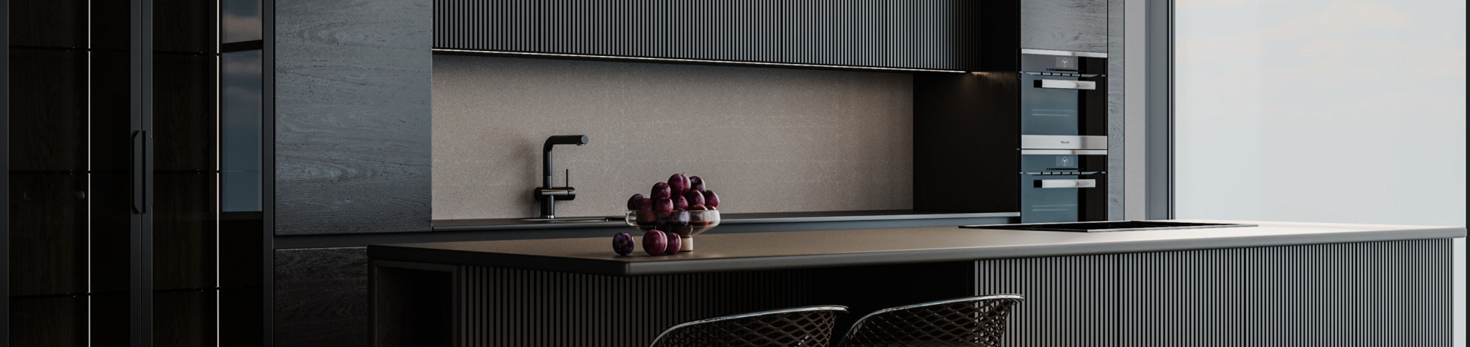 Modern Anthracite Wooden Kitchen and Dining Room Interior Design. 3D Modelling.