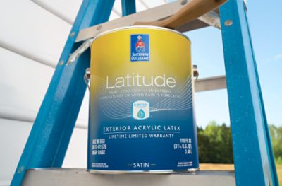 A can of Sherwin-Williams Latitude paint placed on a ladder.
