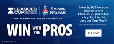 Leagues Cup 2026. Sherwin-Williams. Official Paint Partner of Leagues Cup. Win with the Pros. Enter by 8/9 for your chance to win exclusive prizes like a trip for two to the Leagues Cup Final! *See sweepstakes official rules for details. Sign up.