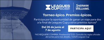 Leagues Cup 2025 Sherwin-Williams. Torneo épico. Premios épicos Participa por la oportunidad de ganar un viaje para dos a la final de Leagues Cup. Pronto compartiremos más detalles.  Comienza el 26 de junio  Del 26 de junio al 7 de agosto. Participa por la oportunidad de ganar un viaje para dos a la final de Leagues Cup y otros premios épicos* Consulta las reglas oficiales del sorteo para más detalles. Participa aquí. ©2025 Leagues Cup.