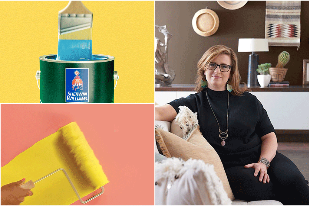 Sue Wadden, Sherwin-Williams Director of Color Marketing, sitting on a couch along with two other images of a paint brush dipping in to a can and a roller applying paint to a wall.