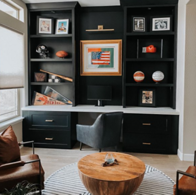 A white dresser sitting on top of a white and black patterned rug. S-W colors featured: SW 7042 Shoji White.